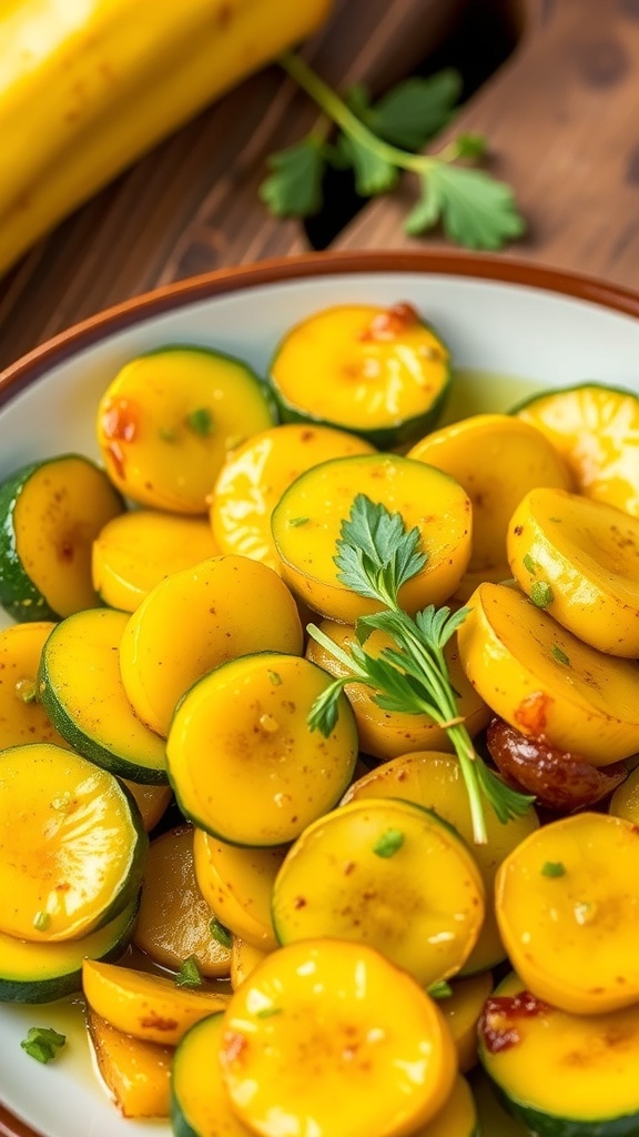 Sautéed yellow zucchini slices garnished with herbs on a rustic wooden table.